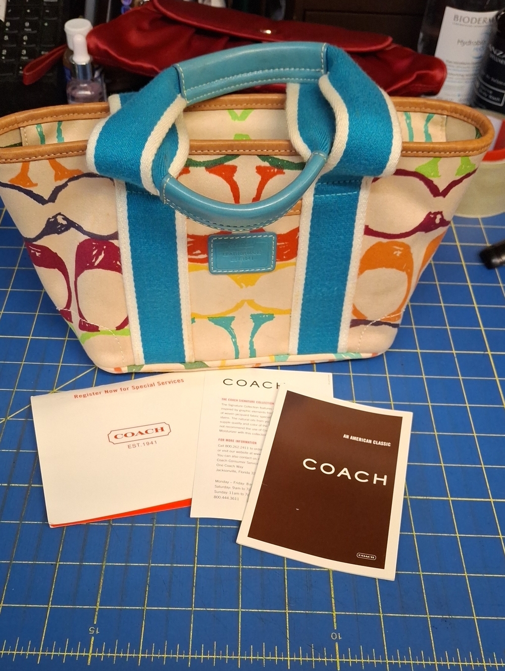 Vintage Y2K Coach Hampton Scribble Mini Tote Bag Multicolor Canvas Teal